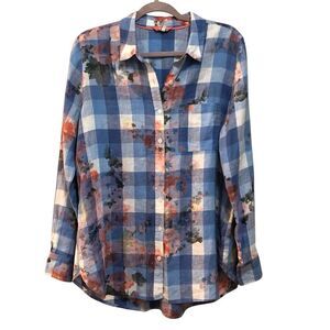 2/$30 Joules Women’s Size 10 Jeanne Print Blue Gingham Floral Shirt 100% Linen